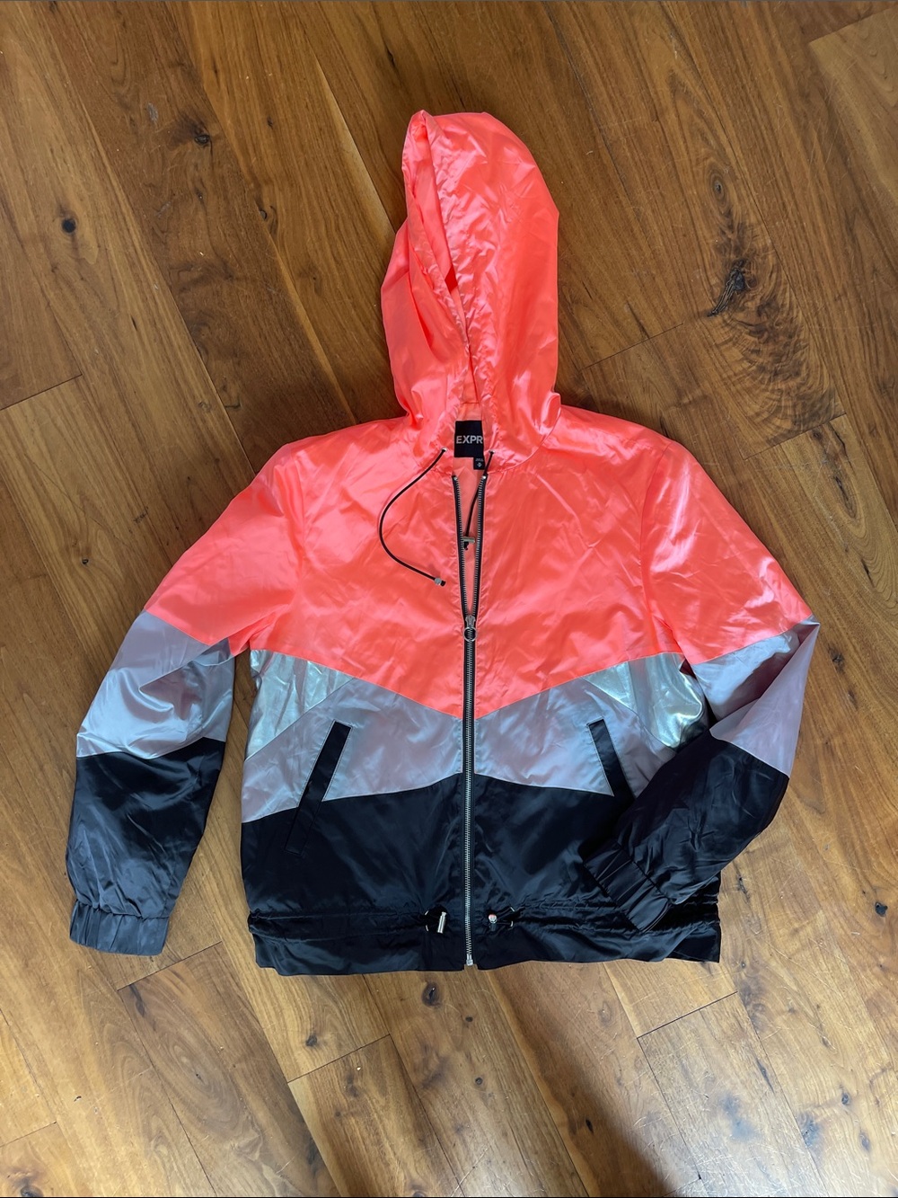 Express Womens Neon Pink Silver Black Colorblock Hooded Windbreaker Jacket M